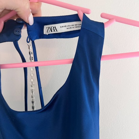 Zara's Blue Satin Dress with Open Back and a Rhinestone Strip, XS - Picture 2 of 5